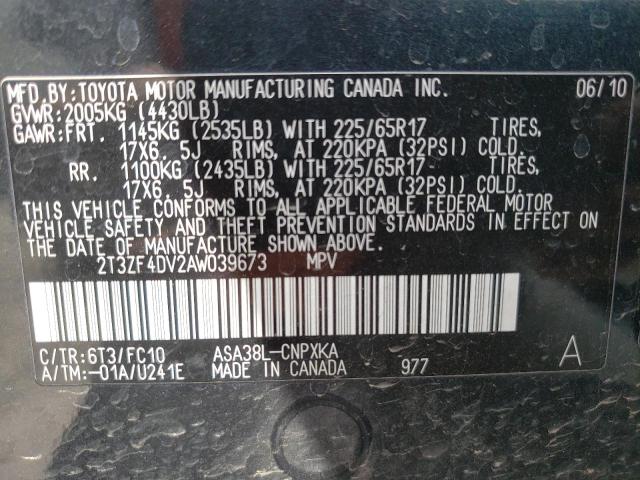 Photo 10 from auction – 2010 TOYOTA RAV4 with VIN 2T3ZF4DV2AW039673