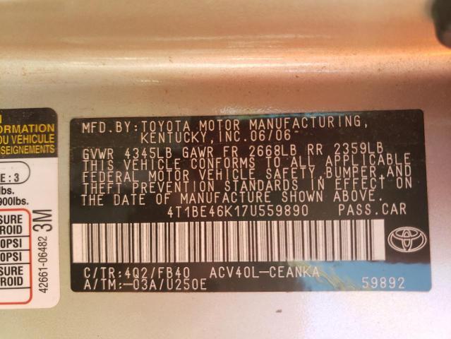 Photo 10 from auction – 2007 TOYOTA CAMRY with VIN 4T1BE46K17U559890