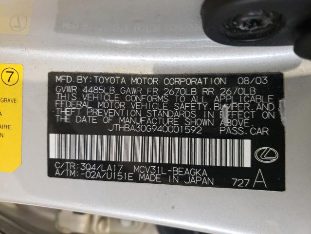 Photo 10 from auction – 2004 LEXUS ES 330 with VIN JTHBA30G940001592