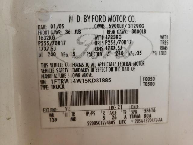 Photo 10 from auction – 2005 FORD F150 SUPER with VIN 1FTRW14W15KD31885