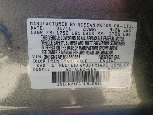 Photo 10 from auction – 2016 NISSAN VERSA S with VIN 3N1CN7AP1GL860881