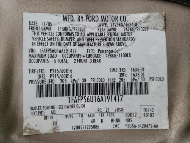 Photo 10 from auction – 2006 FORD TAURUS SEL with VIN 1FAFP56U16A191417