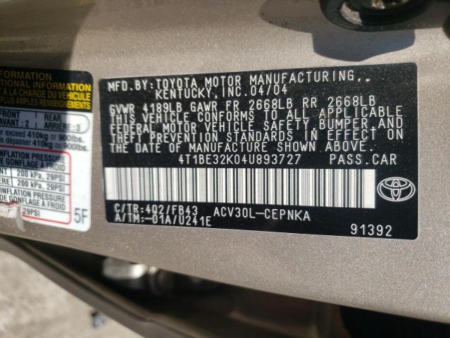 Photo 10 from auction – 2004 TOYOTA CAMRY LE with VIN 4T1BE32K04U893727
