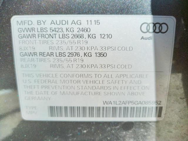 Photo 10 from auction – 2016 AUDI Q5 PREMIUM with VIN WA1L2AFP5GA085952