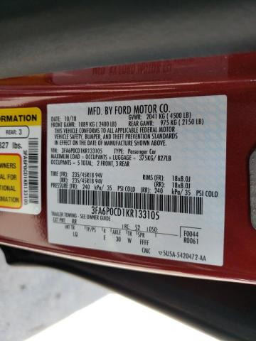 Photo 10 from auction – 2019 FORD FUSION SEL with VIN 3FA6P0CD1KR133105