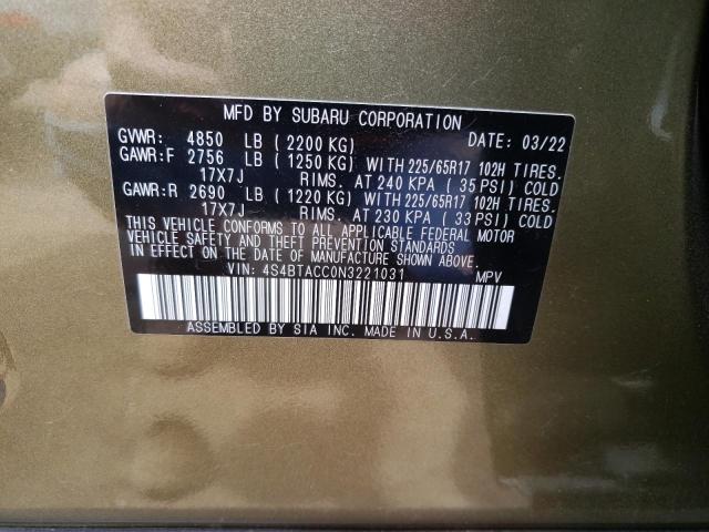 Photo 10 from auction – 2022 SUBARU OUTBACK PR with VIN 4S4BTACC0N3221031