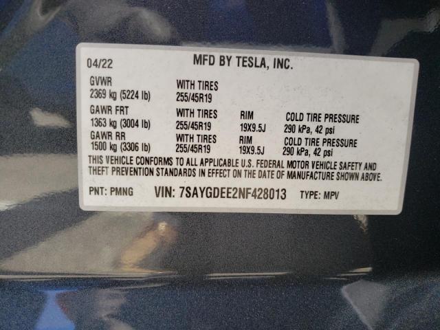 Photo 10 from auction – 2022 TESLA MODEL Y with VIN 7SAYGDEE2NF428013