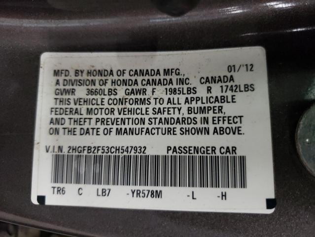 Photo 10 from auction – 2012 HONDA CIVIC LX with VIN 2HGFB2F53CH547932