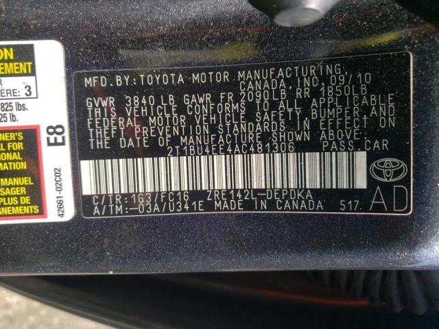 Photo 10 from auction – 2010 TOYOTA COROLLA BA with VIN 2T1BU4EE4AC481306