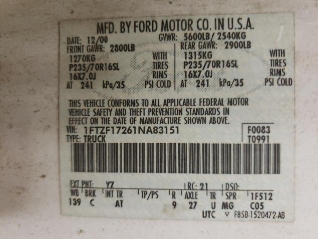 Photo 10 from auction – 2001 FORD F150 with VIN 1FTZF17261NA83151