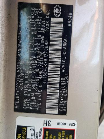 Photo 10 from auction – 2008 TOYOTA CAMRY CE with VIN 4T1BE46KX8U770099