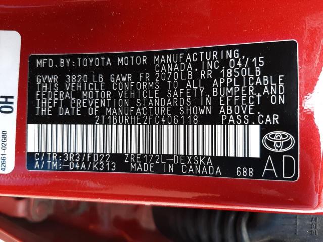 Photo 10 from auction – 2015 TOYOTA COROLLA L with VIN 2T1BURHE2FC406118