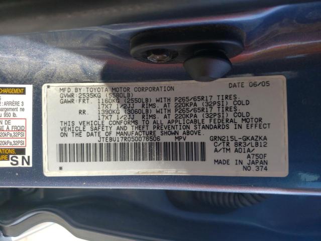 Photo 10 from auction – 2005 TOYOTA 4RUNNER LI with VIN JTEBU17R050076506