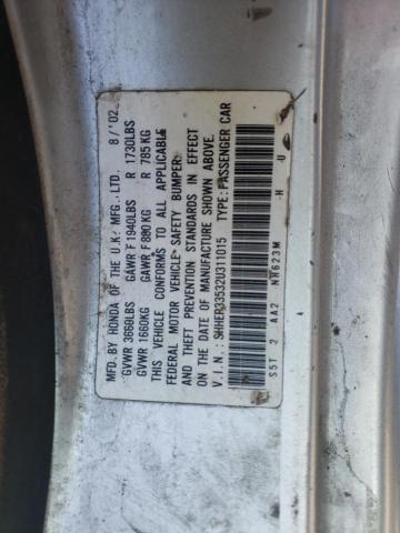 Photo 10 from auction – 2002 HONDA CIVIC SI with VIN SHHEP33532U311015