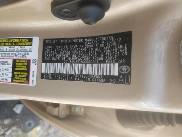 Photo 10 from auction – 2012 TOYOTA COROLLA BA with VIN 2T1BU4EE2CC880217