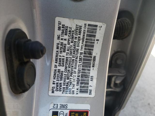 Photo 10 from auction – 2007 HONDA CIVIC EX with VIN 1HGFA16817L138716