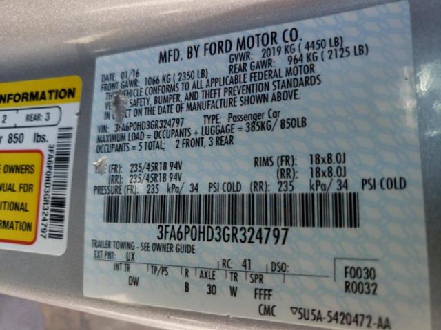 Photo 10 from auction – 2016 FORD FUSION SE with VIN 3FA6P0HD3GR324797