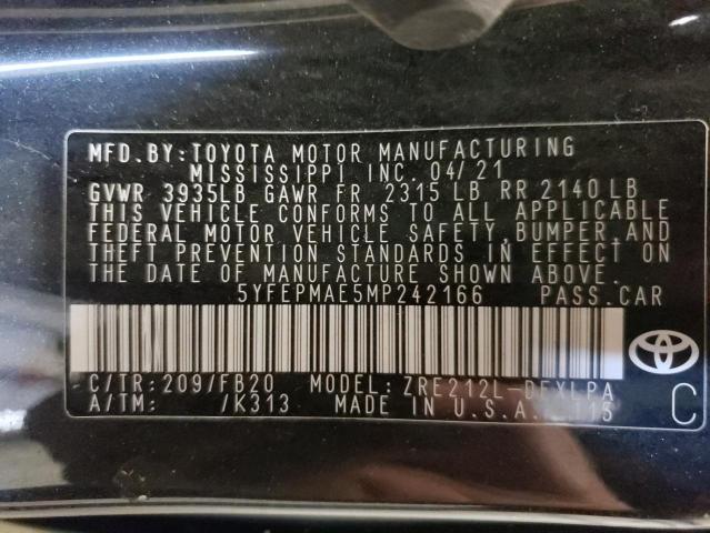 Photo 10 from auction – 2021 TOYOTA COROLLA LE with VIN 5YFEPMAE5MP242166