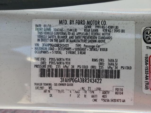 Photo 10 from auction – 2011 FORD FUSION S with VIN 3FAHP0GA3BR243422