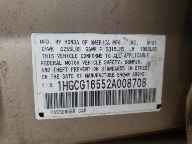 Photo 10 from auction – 2002 HONDA ACCORD EX with VIN 1HGCG16552A008708