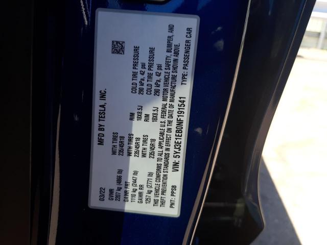 Photo 10 from auction – 2022 TESLA MODEL 3 with VIN 5YJ3E1EB0NF191541