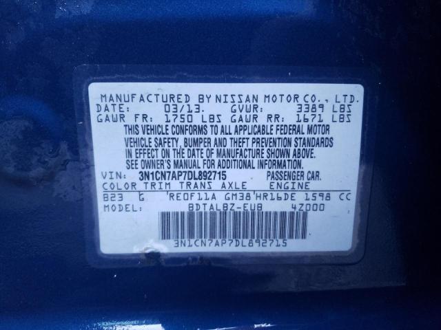 Photo 10 from auction – 2013 NISSAN VERSA S with VIN 3N1CN7AP7DL892715