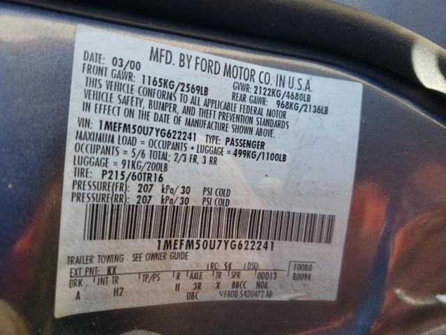 Photo 10 from auction – 2000 MERCURY SABLE GS with VIN 1MEFM50U7YG622241