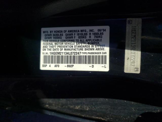 Photo 10 from auction – 2004 HONDA CIVIC DX V with VIN 1HGEM21134L072247