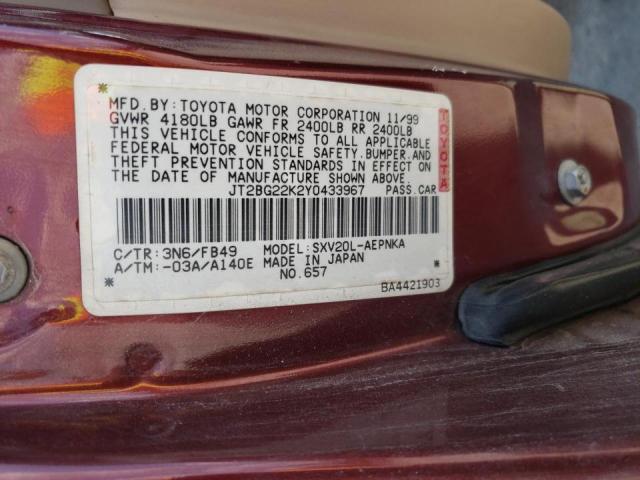 Photo 10 from auction – 2000 TOYOTA CAMRY CE with VIN JT2BG22K2Y0433967
