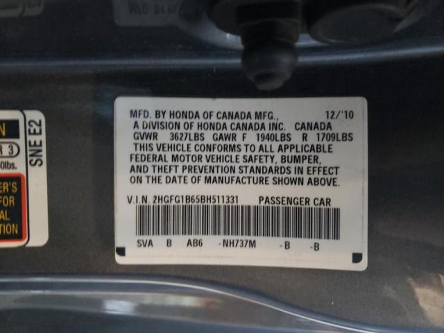 Photo 10 from auction – 2011 HONDA CIVIC LX with VIN 2HGFG1B65BH511331