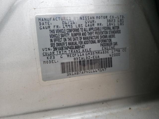 Photo 10 from auction – 2016 NISSAN SENTRA S with VIN 3N1AB7AP4GL669147