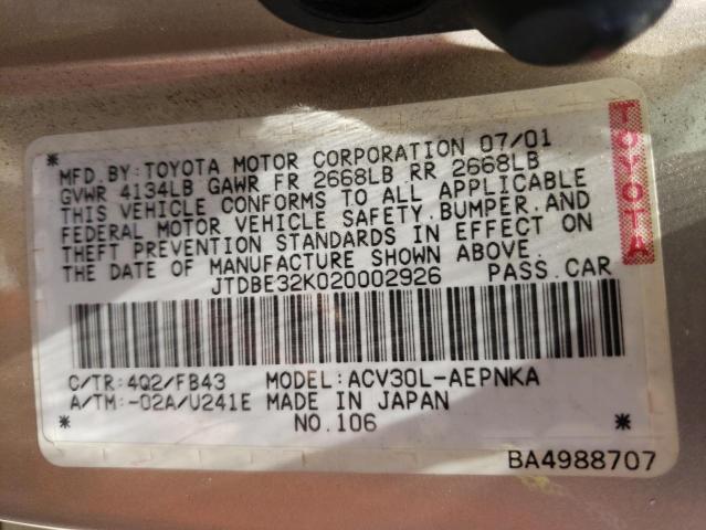 Photo 10 from auction – 2002 TOYOTA CAMRY with VIN JTDBE32K020002926