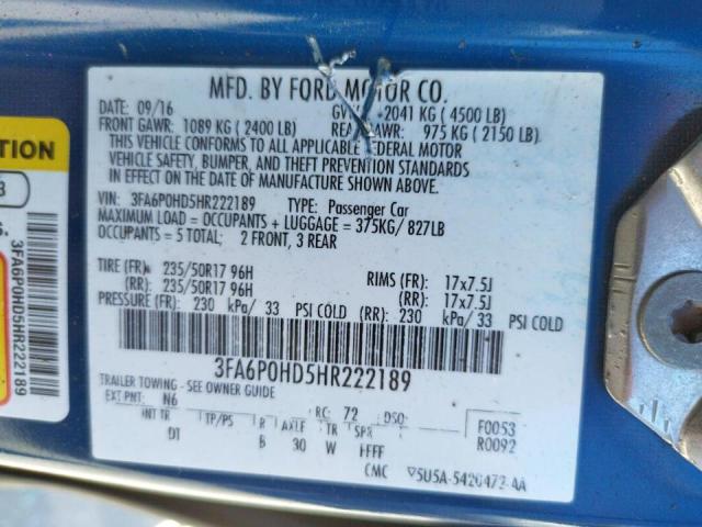 Photo 10 from auction – 2017 FORD FUSION SE with VIN 3FA6P0HD5HR222189