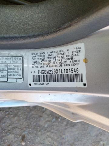 Photo 10 from auction – 2001 HONDA CIVIC SI with VIN 1HGEM229X1L104546
