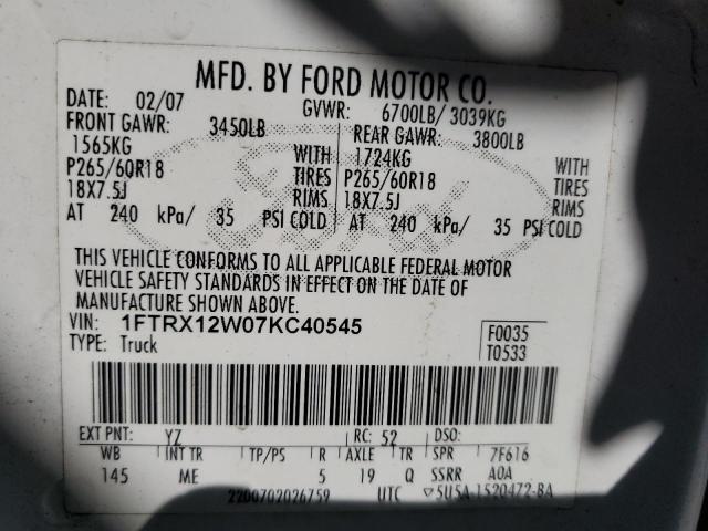 Photo 10 from auction – 2007 FORD F150 with VIN 1FTRX12W07KC40545