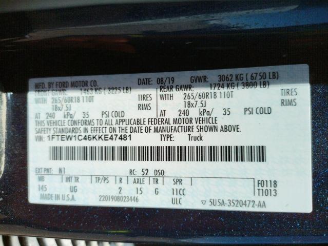 Photo 10 from auction – 2019 FORD F150 SUPER with VIN 1FTEW1C46KKE47481