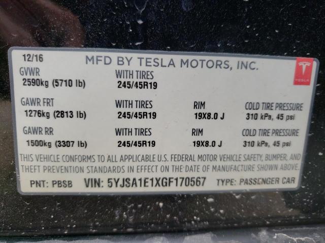 Photo 10 from auction – 2016 TESLA MODEL S with VIN 5YJSA1E1XGF170567