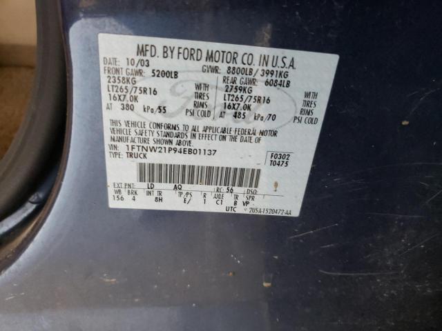 Photo 10 from auction – 2004 FORD F250 SUPER with VIN 1FTNW21P94EB01137