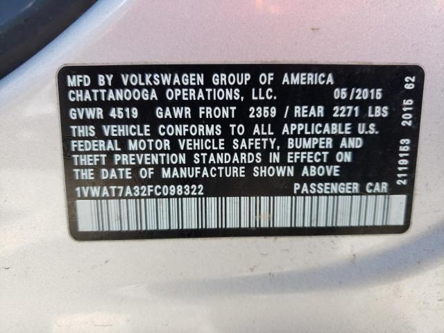 Photo 10 from auction – 2015 VOLKSWAGEN PASSAT S with VIN 1VWAT7A32FC098322