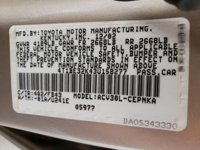 Photo 10 from auction – 2003 TOYOTA CAMRY LE with VIN 4T1BE32K43U158277