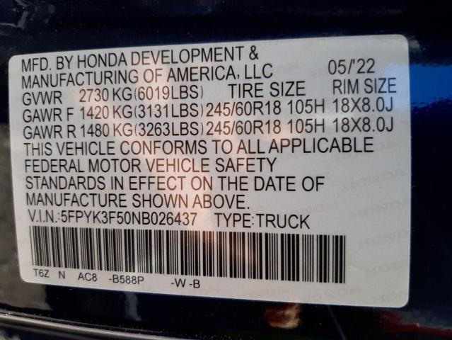 Photo 10 from auction – 2022 HONDA RIDGELINE with VIN 5FPYK3F50NB026437