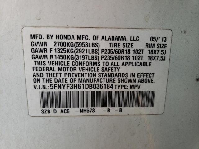 Photo 10 from auction – 2013 HONDA PILOT EXL with VIN 5FNYF3H61DB036184