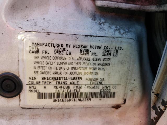 Photo 10 from auction – 2001 NISSAN SENTRA XE with VIN 3N1CB51D71L462259