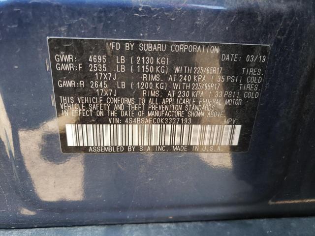Photo 10 from auction – 2019 SUBARU OUTBACK 2. with VIN 4S4BSAFC0K3337193