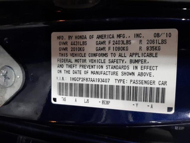 Photo 10 from auction – 2010 HONDA ACCORD EXL with VIN 1HGCP2F87AA193407