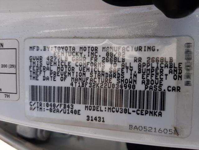 Photo 10 from auction – 2002 TOYOTA CAMRY LE with VIN 4T1BF32K22U034990