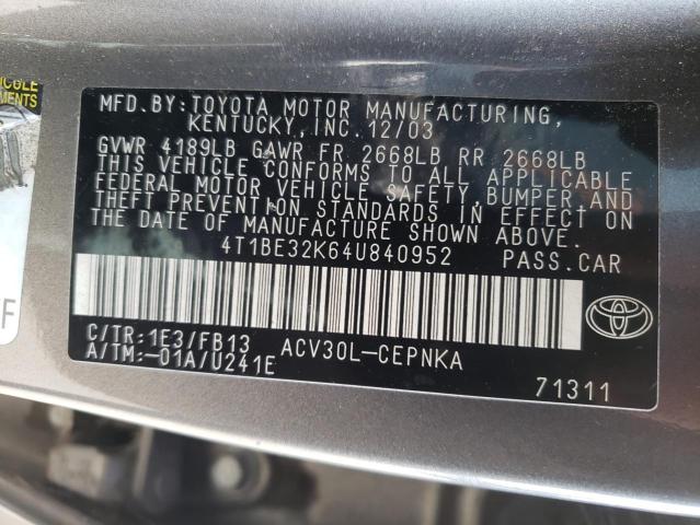 Photo 10 from auction – 2004 TOYOTA CAMRY LE with VIN 4T1BE32K64U840952