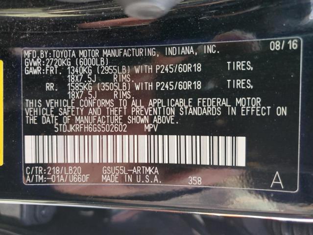 Photo 10 from auction – 2016 TOYOTA HIGHLANDER with VIN 5TDJKRFH6GS502602