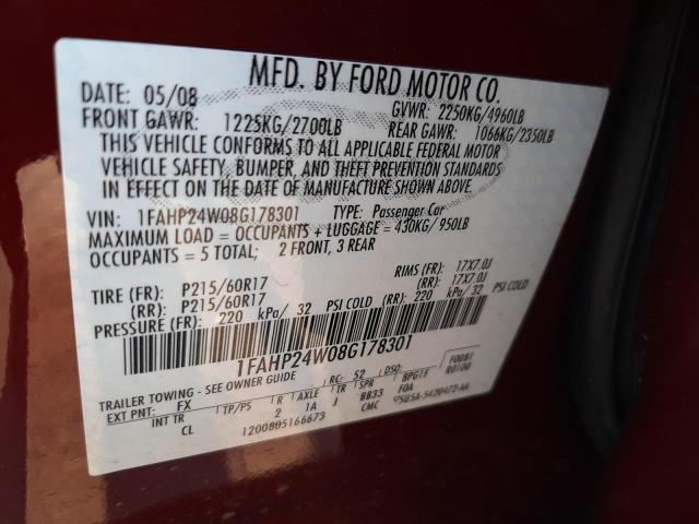 Photo 10 from auction – 2008 FORD TAURUS SEL with VIN 1FAHP24W08G178301