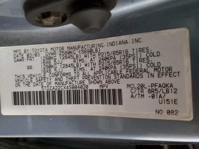 Photo 10 from auction – 2004 TOYOTA SIENNA XLE with VIN 5TDZA22CX4S004020